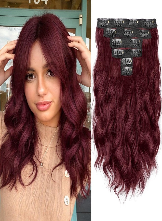 KooKaStyle Short Hair Extensions 6PCS 14 Inch Wavy Curly Hairpieces Synthetic Soft Lace Weft Clip in Hair Extensions-Burgundy for Women - Image 1